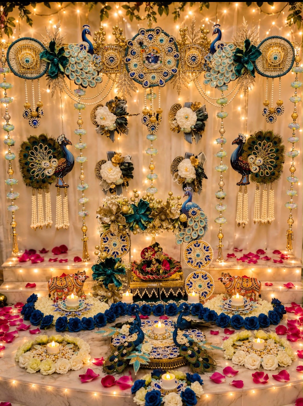 Peacock decorations, flowers and jewellery around a devotional altar, shown as inspiration